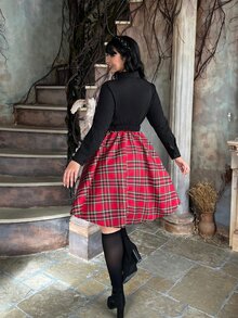 Lyrianda Plus Size Women's Patchwork Plaid 2 In 1 Long Sleeve Casual Dress Fall - Multicolor - View 3