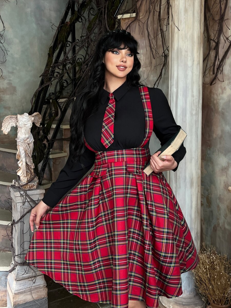 Lyrianda Plus Size Women's Patchwork Plaid 2 In 1 Long Sleeve Casual Dress Fall - Multicolor - View 1