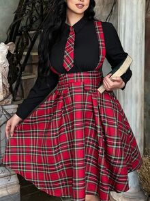 Lyrianda Plus Size Women's Patchwork Plaid 2 In 1 Long Sleeve Casual Dress Fall - Multicolor - View 2