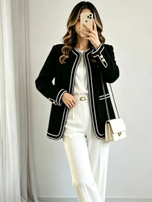 SHEIN Spring/Autumn Black & White Patchwork Long Sleeve Cardigan Black Jacket Women's Autumn Outfit Women's Commute Outfit Black Jacket - Black - View 5