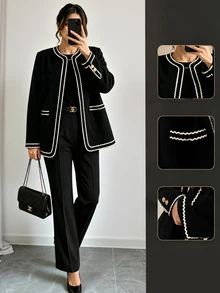 SHEIN Spring/Autumn Black & White Patchwork Long Sleeve Cardigan Black Jacket Women's Autumn Outfit Women's Commute Outfit Black Jacket - Black - View 6