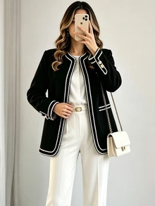 SHEIN Spring/Autumn Black & White Patchwork Long Sleeve Cardigan Black Jacket Women's Autumn Outfit Women's Commute Outfit Black Jacket - Black - View 7
