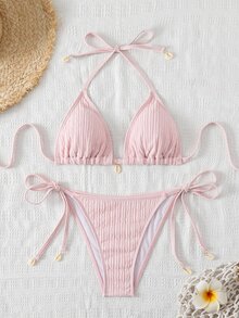 Swim Mod Conjunto de bikini de unicolor texturizado para vacaciones en la playa de mujeres - Rosa - Ver 1