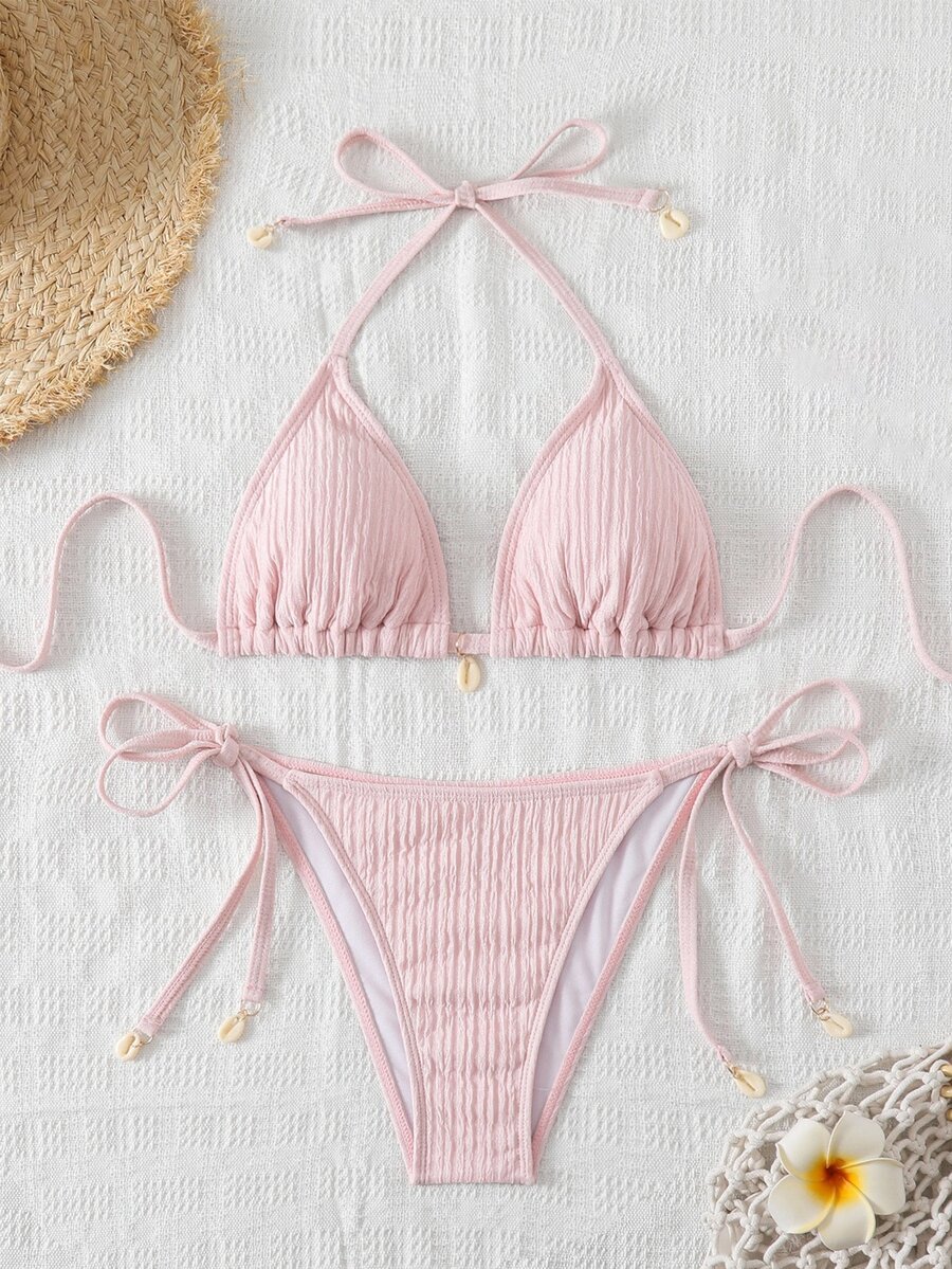 Swim Mod Conjunto de bikini de unicolor texturizado para vacaciones en la playa de mujeres - Rosa - Ver 1