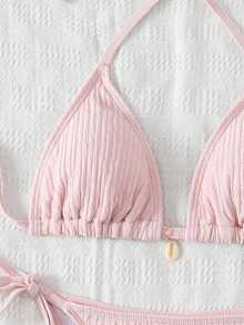 Swim Mod Conjunto de bikini de unicolor texturizado para vacaciones en la playa de mujeres - Rosa - Ver 5