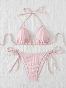 Swim Mod Conjunto de bikini de unicolor texturizado para vacaciones en la playa de mujeres - Rosa - Ver 4