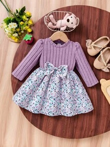 Baby Girls Sweet Purple Flower Pattern Dress, Long Sleeve Ribbed Top & Floral Flare Skirt 2-In-1 Casual Toddler Dress - Purple - View 3