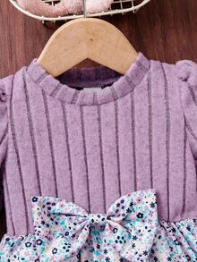 Baby Girls Sweet Purple Flower Pattern Dress, Long Sleeve Ribbed Top & Floral Flare Skirt 2-In-1 Casual Toddler Dress - Purple - View 5