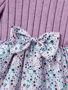 Baby Girls Sweet Purple Flower Pattern Dress, Long Sleeve Ribbed Top & Floral Flare Skirt 2-In-1 Casual Toddler Dress - Purple - View 6