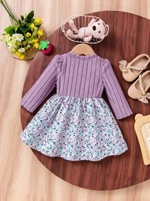Baby Girls Sweet Purple Flower Pattern Dress, Long Sleeve Ribbed Top & Floral Flare Skirt 2-In-1 Casual Toddler Dress - Purple - View 2