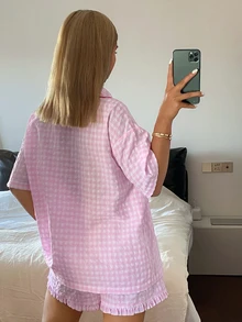 Livesso 女士甜美格子边饰短袖荷叶边短裤睡衣套装，夏季 - 粉色 - 查看 2