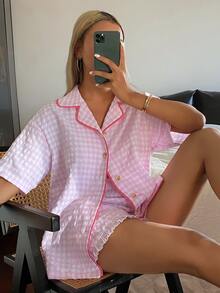 Livesso 女士甜美格子边饰短袖荷叶边短裤睡衣套装，夏季 - 粉色 - 查看 4