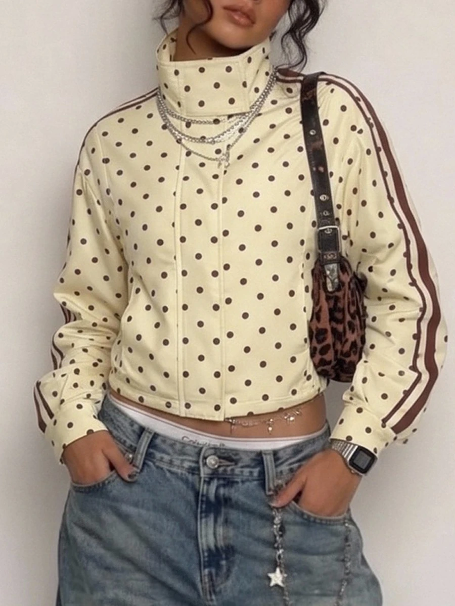 SHEIN PETITE 女款波點圖案長袖側條紋休閒夾克 - 黃色 - 查看 1