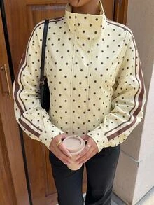 SHEIN PETITE Women's Polka Dot Pattern Long Sleeve Side Stripe Casual Jacket - Yellow - View 1