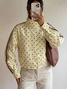 SHEIN PETITE Women's Polka Dot Pattern Long Sleeve Side Stripe Casual Jacket - Yellow - View 2