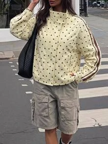 SHEIN PETITE Women's Polka Dot Pattern Long Sleeve Side Stripe Casual Jacket - Yellow - View 5