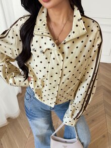SHEIN PETITE Women's Polka Dot Pattern Long Sleeve Side Stripe Casual Jacket - Yellow - View 8