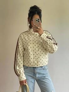 SHEIN PETITE Women's Polka Dot Pattern Long Sleeve Side Stripe Casual Jacket - Yellow - View 3