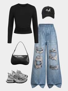 Elladie kids Tween Girls 2pcs Outfit Set Long Sleeve Ruched Top & Ripped Baggy Jeans Casual Streetwear Clothes Faux Denim - Multicolor - View 5