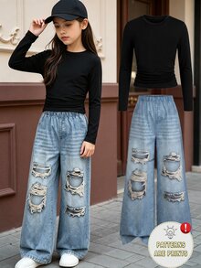 Elladie kids Tween Girls 2pcs Outfit Set Long Sleeve Ruched Top & Ripped Baggy Jeans Casual Streetwear Clothes Faux Denim - Multicolor - View 1
