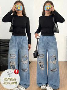 Elladie kids Tween Girls 2pcs Outfit Set Long Sleeve Ruched Top & Ripped Baggy Jeans Casual Streetwear Clothes Faux Denim - Multicolor - View 3