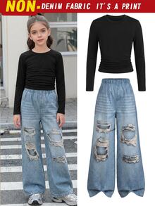 Elladie kids Tween Girls 2pcs Outfit Set Long Sleeve Ruched Top & Ripped Baggy Jeans Casual Streetwear Clothes Faux Denim - Multicolor - View 4