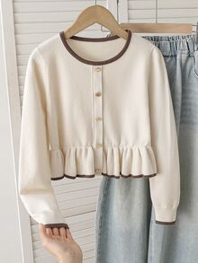 Maglione con design a bottoni bordati e orlo arricciato per ragazze pre-adolescenti - Bianco - Visualizzare 4