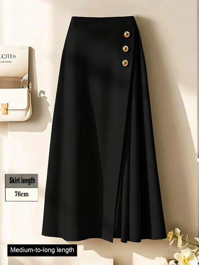 Franclia Fashionable Casual & Commuting Unique Side Button Micro-Pleated A-Line Skirt, Spring/Autumn