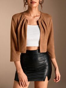 SHEIN BASICS Women's Solid Color Long Sleeve Pleated Open Front Casual Elegant Smart Casual Jacket Teachers' Day Office Business Shades Of Brown Autumn - Brown - View 3