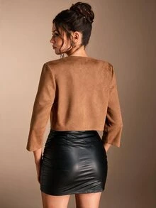 SHEIN BASICS Women's Solid Color Long Sleeve Pleated Open Front Casual Elegant Smart Casual Jacket Teachers' Day Office Business Shades Of Brown Autumn - Brown - View 6
