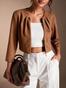 SHEIN BASICS Women's Solid Color Long Sleeve Pleated Open Front Casual Elegant Smart Casual Jacket Teachers' Day Office Business Shades Of Brown Autumn - Brown - View 1