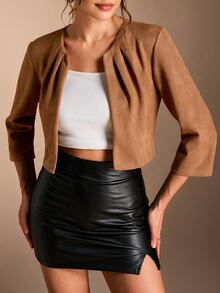 SHEIN BASICS Women's Solid Color Long Sleeve Pleated Open Front Casual Elegant Smart Casual Jacket Teachers' Day Office Business Shades Of Brown Autumn - Brown - View 5