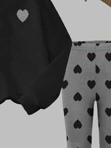 Big Girls 2 Pcs Fall Outfits Heart Design Crew Neck Sweatshirt & Grey Heart Print Leggings Set Fall Clothes Winter Casual - Multicolor - View 7