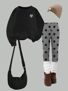 Big Girls 2 Pcs Fall Outfits Heart Design Crew Neck Sweatshirt & Grey Heart Print Leggings Set Fall Clothes Winter Casual - Multicolor - View 6