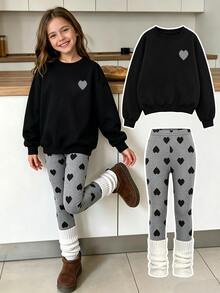 Big Girls 2 Pcs Fall Outfits Heart Design Crew Neck Sweatshirt & Grey Heart Print Leggings Set Fall Clothes Winter Casual - Multicolor - View 5