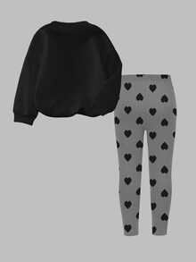 Big Girls 2 Pcs Fall Outfits Heart Design Crew Neck Sweatshirt & Grey Heart Print Leggings Set Fall Clothes Winter Casual - Multicolor - View 3