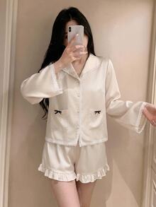 DAZY 夏季甜美撞色蝴蝶结装饰蕾丝拼接缎面宽松女士睡衣套装 - 米色 - 查看 1