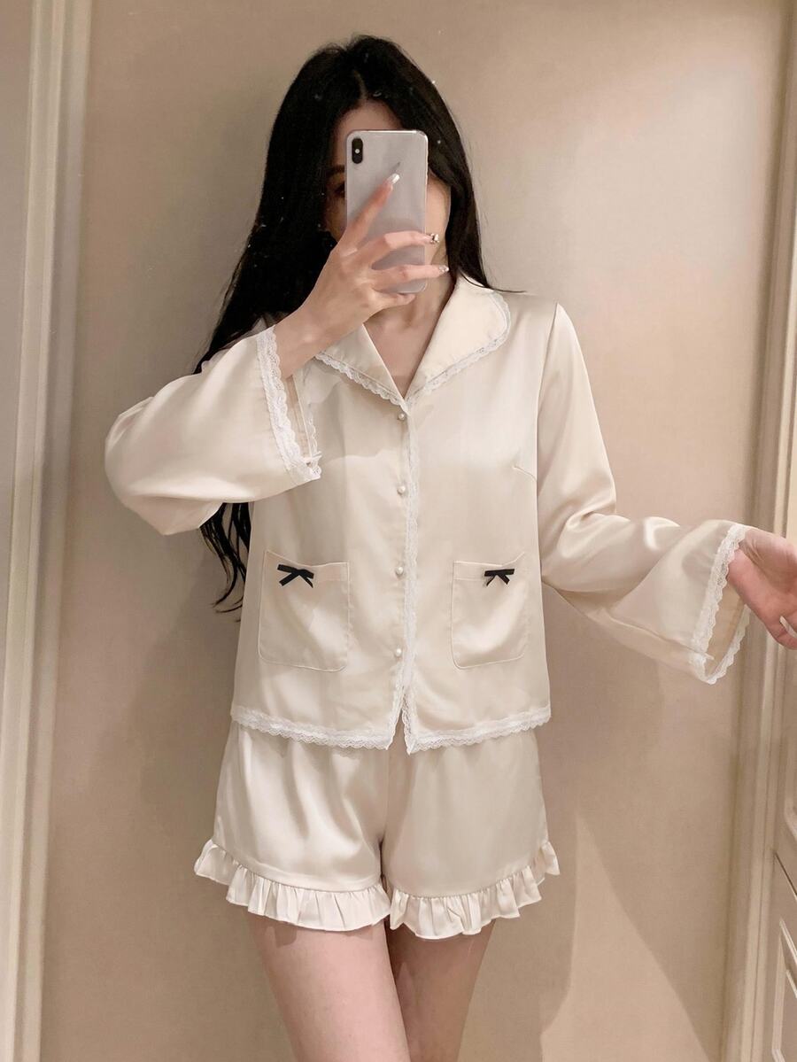 DAZY 夏季甜美撞色蝴蝶结装饰蕾丝拼接缎面宽松女士睡衣套装 - 米色 - 查看 1