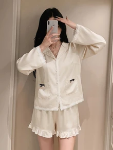 DAZY 夏季甜美撞色蝴蝶结装饰蕾丝拼接缎面宽松女士睡衣套装 - 米色 - 查看 6