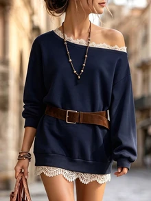 SHEIN Sweatshirt Wanita Musim Semi/Gugur dengan Leher Asimetris, Bahu Berkerut, Hiasan Renda, Lengan Panjang Longgar, Cocok untuk Acara Malam Hari, Warna Biru Tua - Navy Blue - View 4