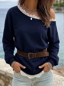 SHEIN Sweatshirt Wanita Musim Semi/Gugur dengan Leher Asimetris, Bahu Berkerut, Hiasan Renda, Lengan Panjang Longgar, Cocok untuk Acara Malam Hari, Warna Biru Tua - Navy Blue - View 5