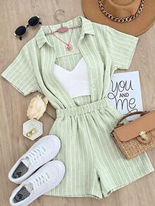 Franclia Women's Striped Short Sleeve Top And Shorts Casual Daily 2 Pieces Set - Green - View 6