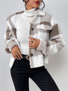 EMERY ROSE Plaid Lamb Wool Women's Winter Jacket - Front Pocket Design, Warm Short Coat Fall Cloth For Women - Khaki - View 7
