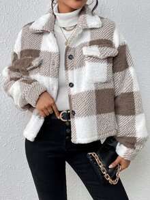 EMERY ROSE Plaid Lamb Wool Women's Winter Jacket - Front Pocket Design, Warm Short Coat Fall Cloth For Women - Khaki - View 6