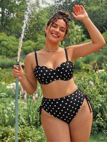 SHEIN Swim 大尺碼 2026 春夏熱銷新款數位印花聚攏鋼圈貝殼硬罩杯泳衣，可拆卸可調節肩帶，穿脫方便，高級金屬背扣，傳統性感高腰三角比基尼泳褲，側綁帶，休閒時尚度假風海灘泳裝 - 黑色 - 查看 5