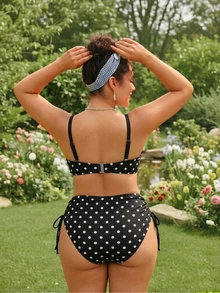 SHEIN Swim 大尺碼 2026 春夏熱銷新款數位印花聚攏鋼圈貝殼硬罩杯泳衣，可拆卸可調節肩帶，穿脫方便，高級金屬背扣，傳統性感高腰三角比基尼泳褲，側綁帶，休閒時尚度假風海灘泳裝 - 黑色 - 查看 3