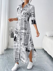 EMERY ROSE Women's Newspaper Print Shirt Dress Maxi Women Outfit - Black and White - View 4