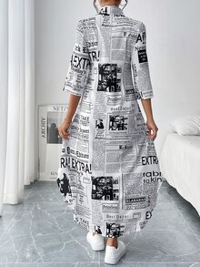 EMERY ROSE Women's Newspaper Print Shirt Dress Maxi Women Outfit - Black and White - View 2