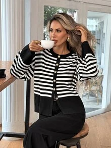 Easowa Women's Striped Casual Versatile Daily Outing Long Sleeve Cardigan - Black and White - View 3