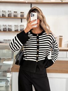 Easowa Women's Striped Casual Versatile Daily Outing Long Sleeve Cardigan - Black and White - View 4